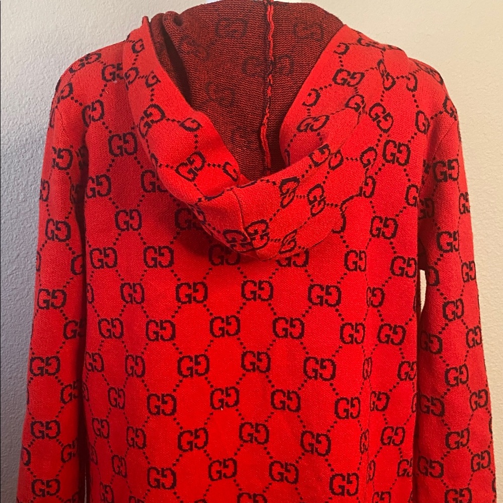 Double GG print red black hooded long cardigan sweater - Picture 7 of 9
